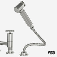 Modern deck-mounted kitchen faucet with ceramic disc cartridge and sprayer docking