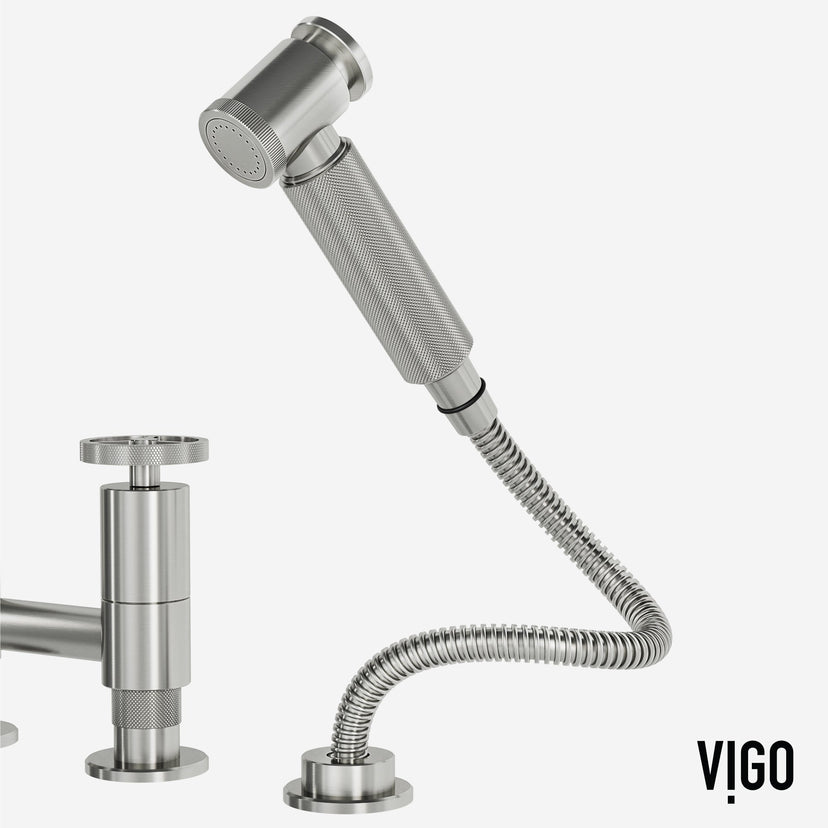 Modern deck-mounted kitchen faucet with ceramic disc cartridge and sprayer docking