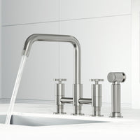 Double handle kitchen faucet with gooseneck spout and included mounting hardware