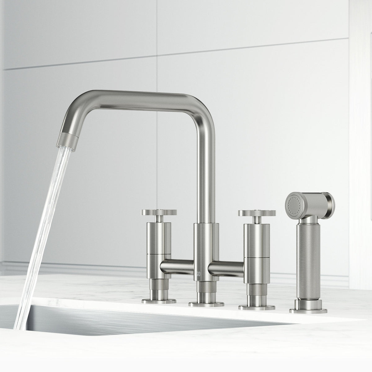 Double handle kitchen faucet with gooseneck spout and included mounting hardware