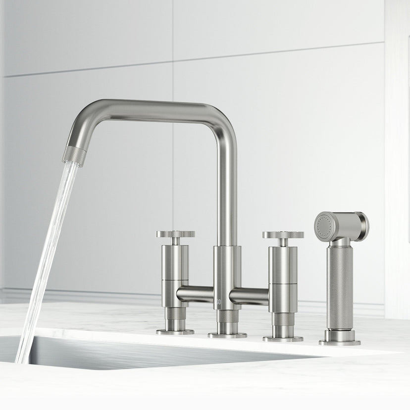 Double handle kitchen faucet with gooseneck spout and included mounting hardware