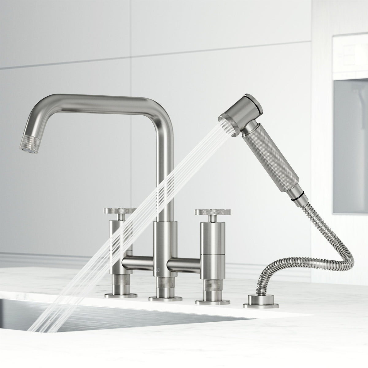 Modern kitchen faucet with 12-inch assembled height and stainless steel finish