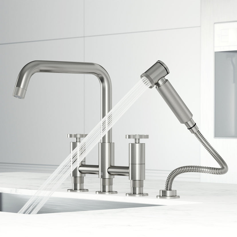 Modern kitchen faucet with 12-inch assembled height and stainless steel finish