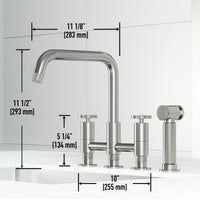 Stainless steel bridge faucet with side spray and 360-degree swivel spout for easy cleaning