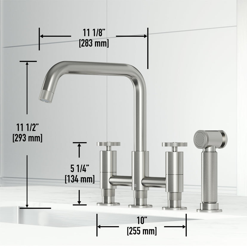 Stainless steel bridge faucet with side spray and 360-degree swivel spout for easy cleaning