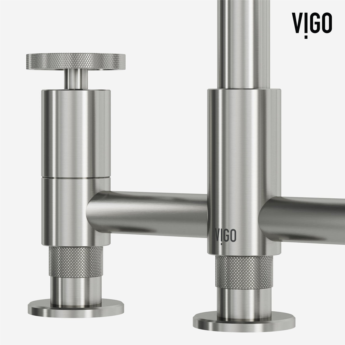 Double handle kitchen faucet with brass construction and stainless steel finish