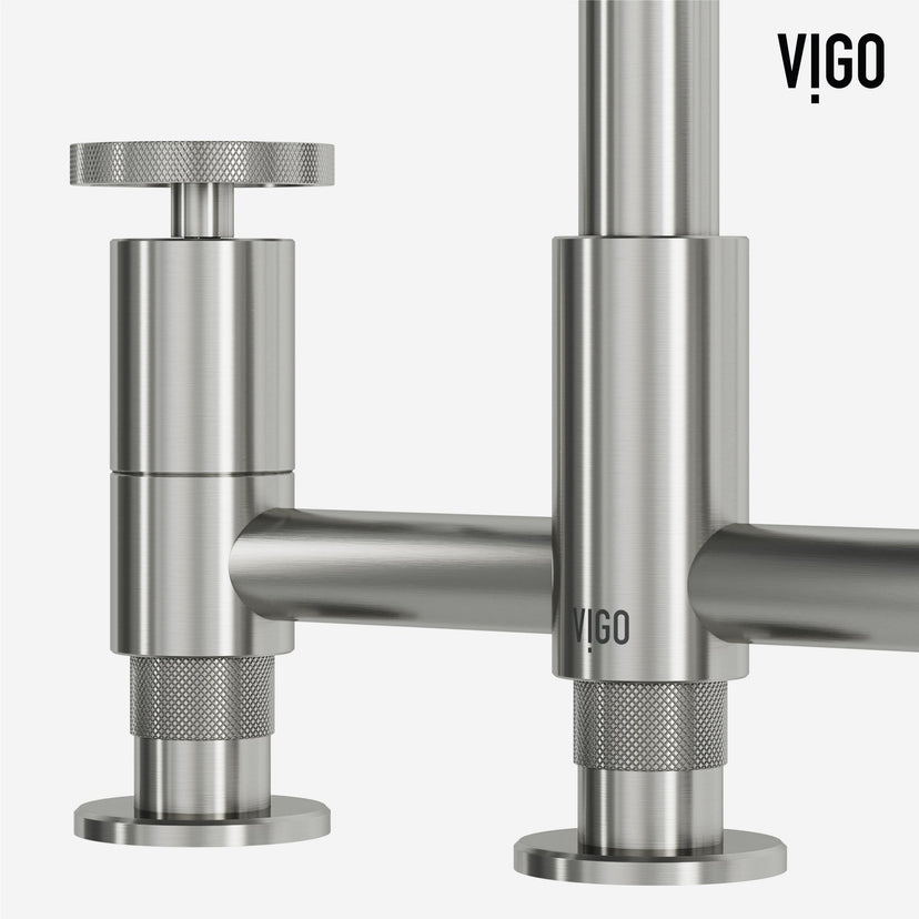 Double handle kitchen faucet with brass construction and stainless steel finish