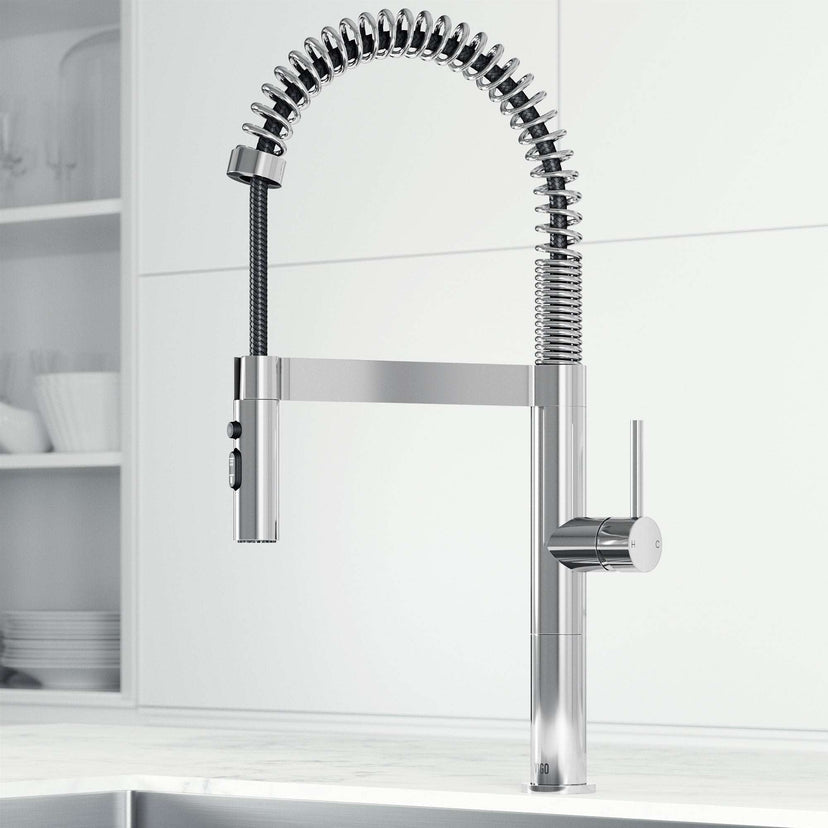 Edison Pro Pull-Down Spray Kitchen Faucet in stainless steel with matte black accents and high-arc spring neck