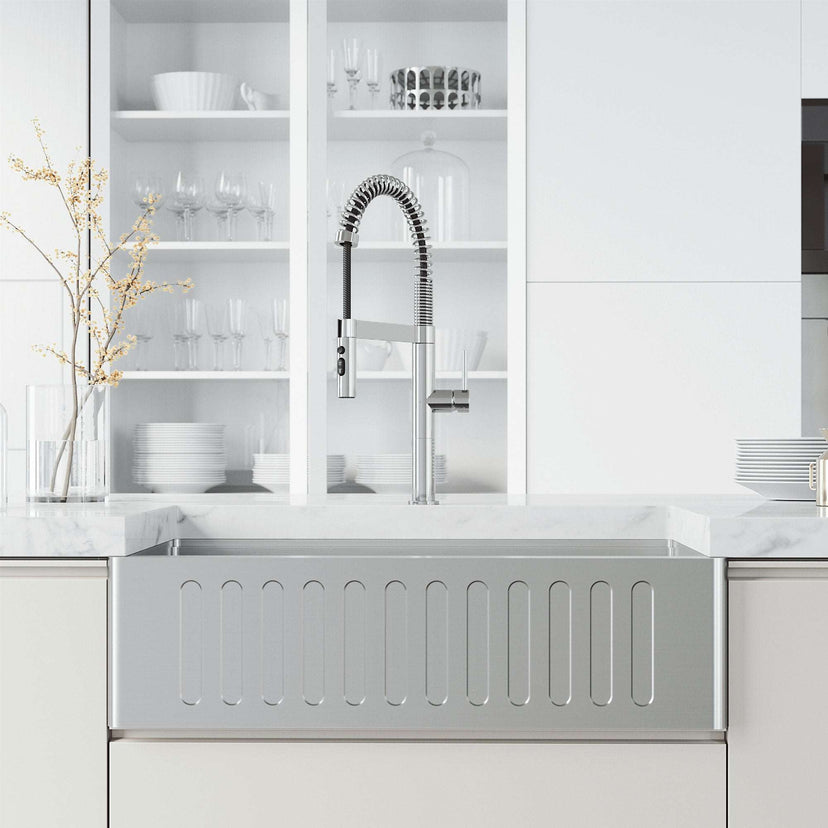 Edison Pro Pull-Down Spray Kitchen Faucet in stainless steel with matte black accents and high-arc spring neck