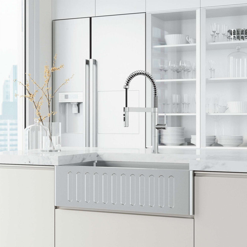 Edison Pro Pull-Down Spray Kitchen Faucet in stainless steel with matte black accents and high-arc spring neck