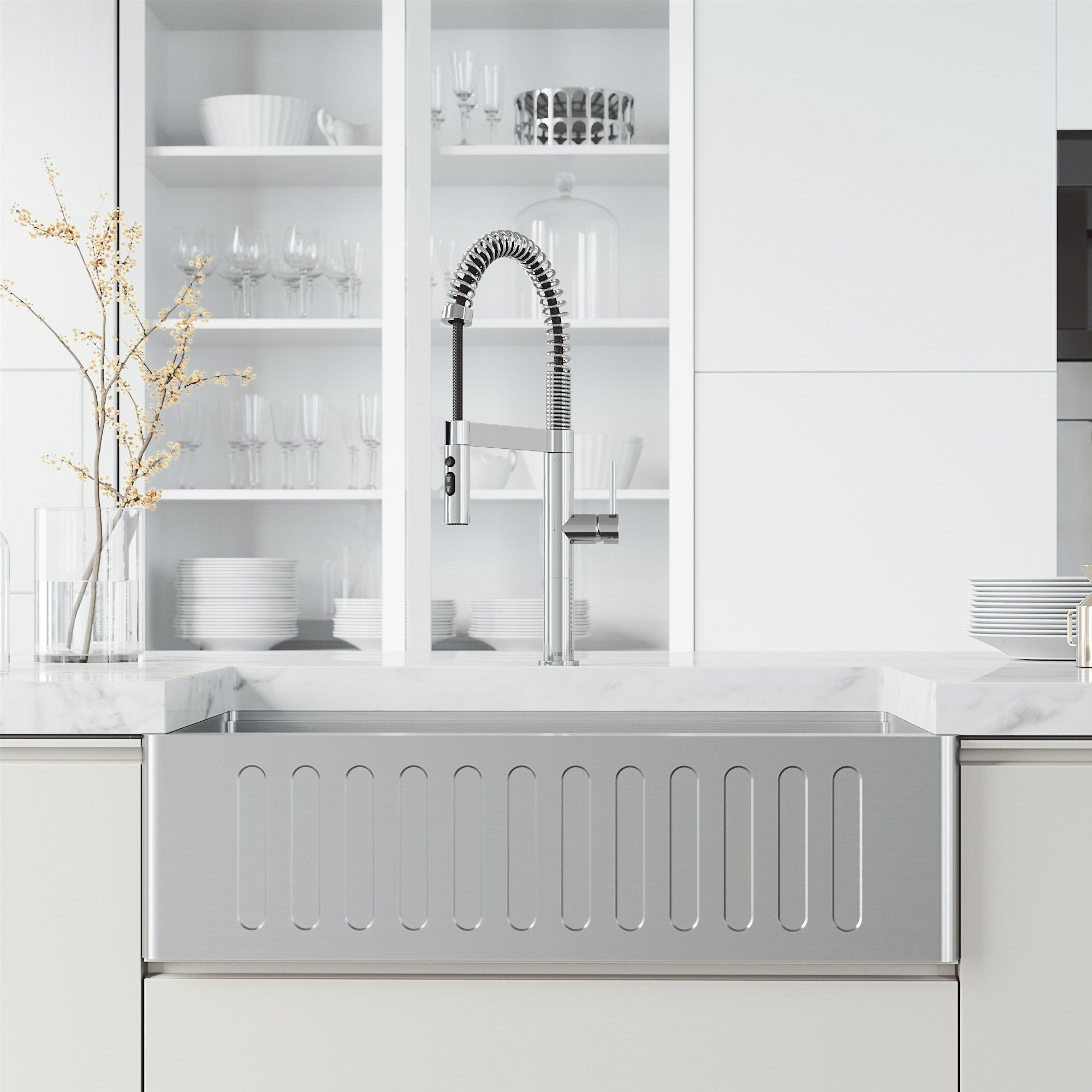 Water-efficient kitchen faucet with lever handle and pull-down sprayer in chrome