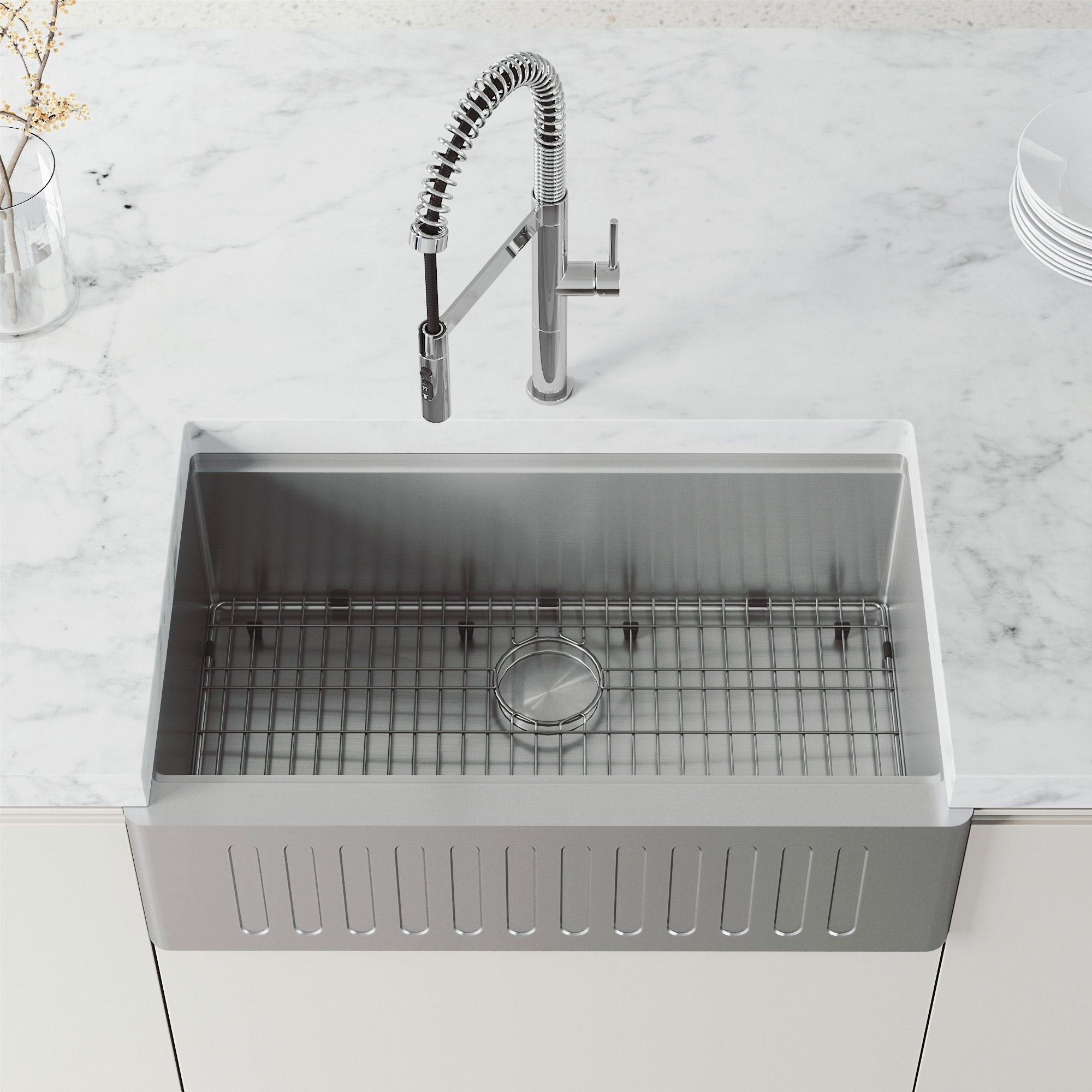 Deck-mounted kitchen faucet with matte black accents and gooseneck spout design