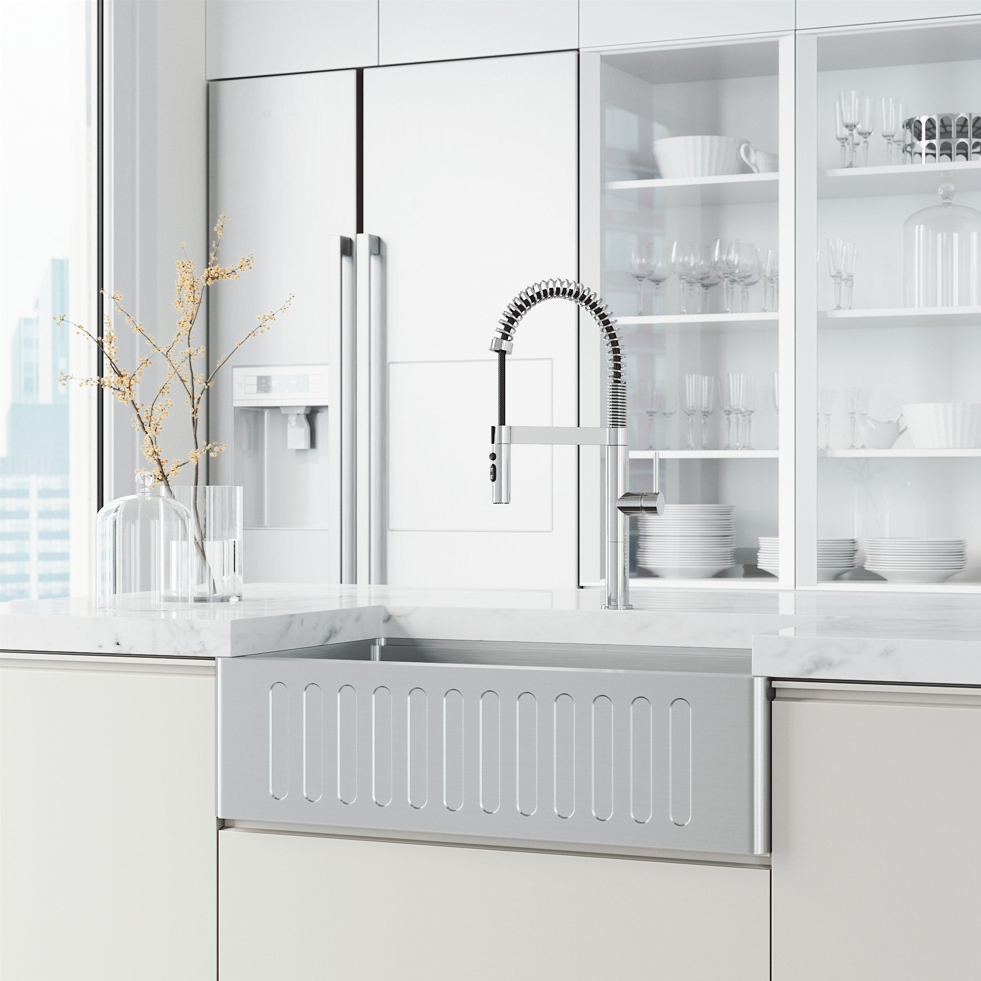 Chrome kitchen faucet with triple-mode spray and spot-resistant surface finish