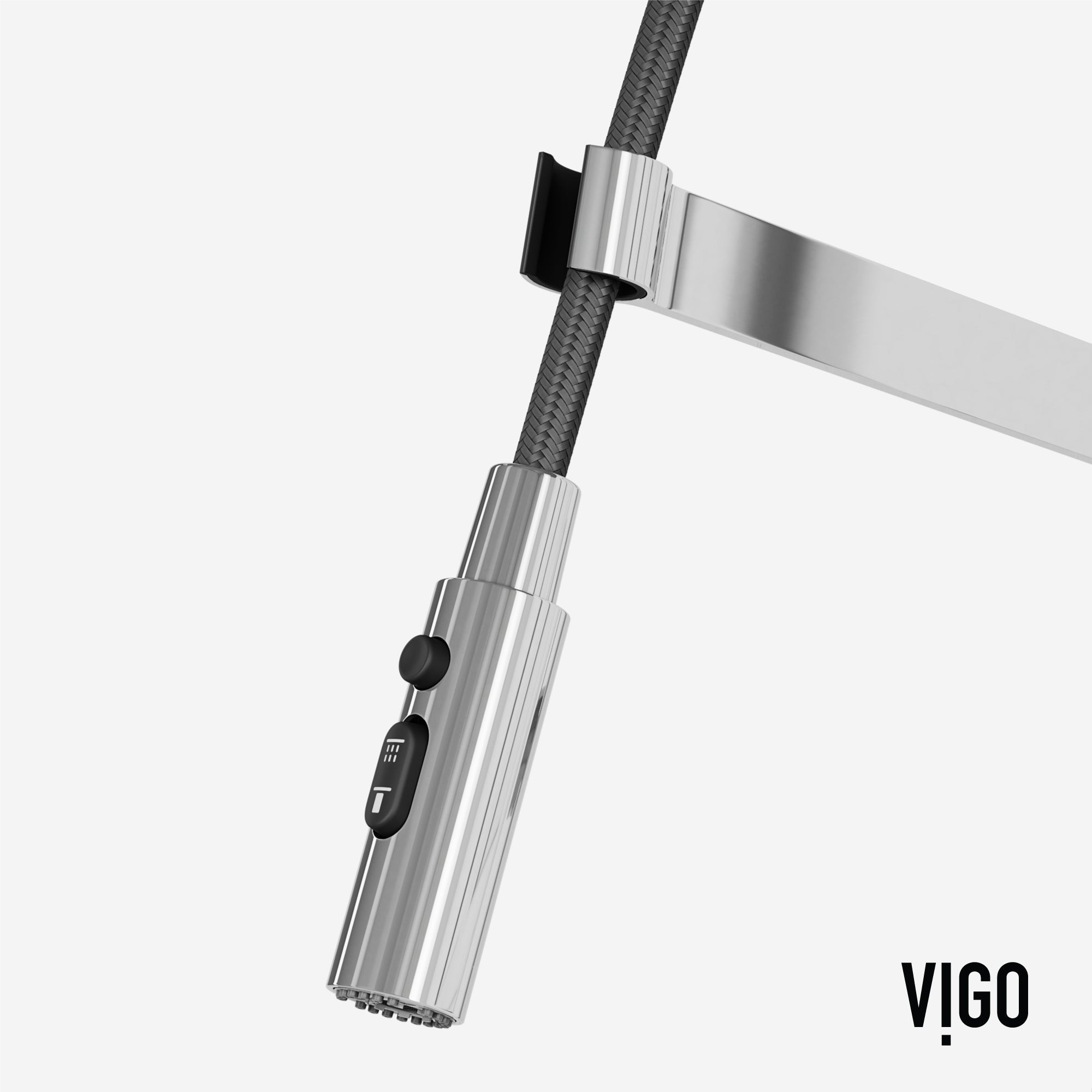 Chrome finish kitchen faucet with included hose and sprayer head for easy installation