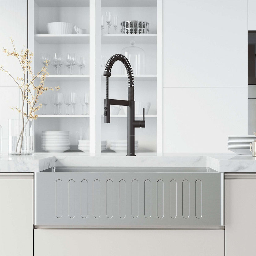 Edison Pro Pull-Down Spray Kitchen Faucet with stainless steel and matte black finish, high-arc spring neck, and triple-mode spray.