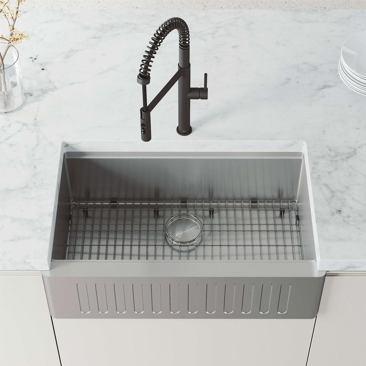 Edison Pro Pull-Down Spray Kitchen Faucet in stainless steel with matte black accents and high-arc spring neck