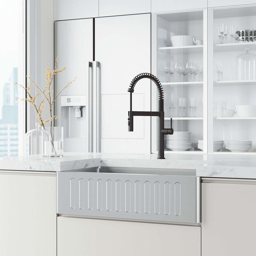 Edison Pro Pull-Down Spray Kitchen Faucet in stainless steel with matte black accents featuring high-arc spring neck and triple-mode spray