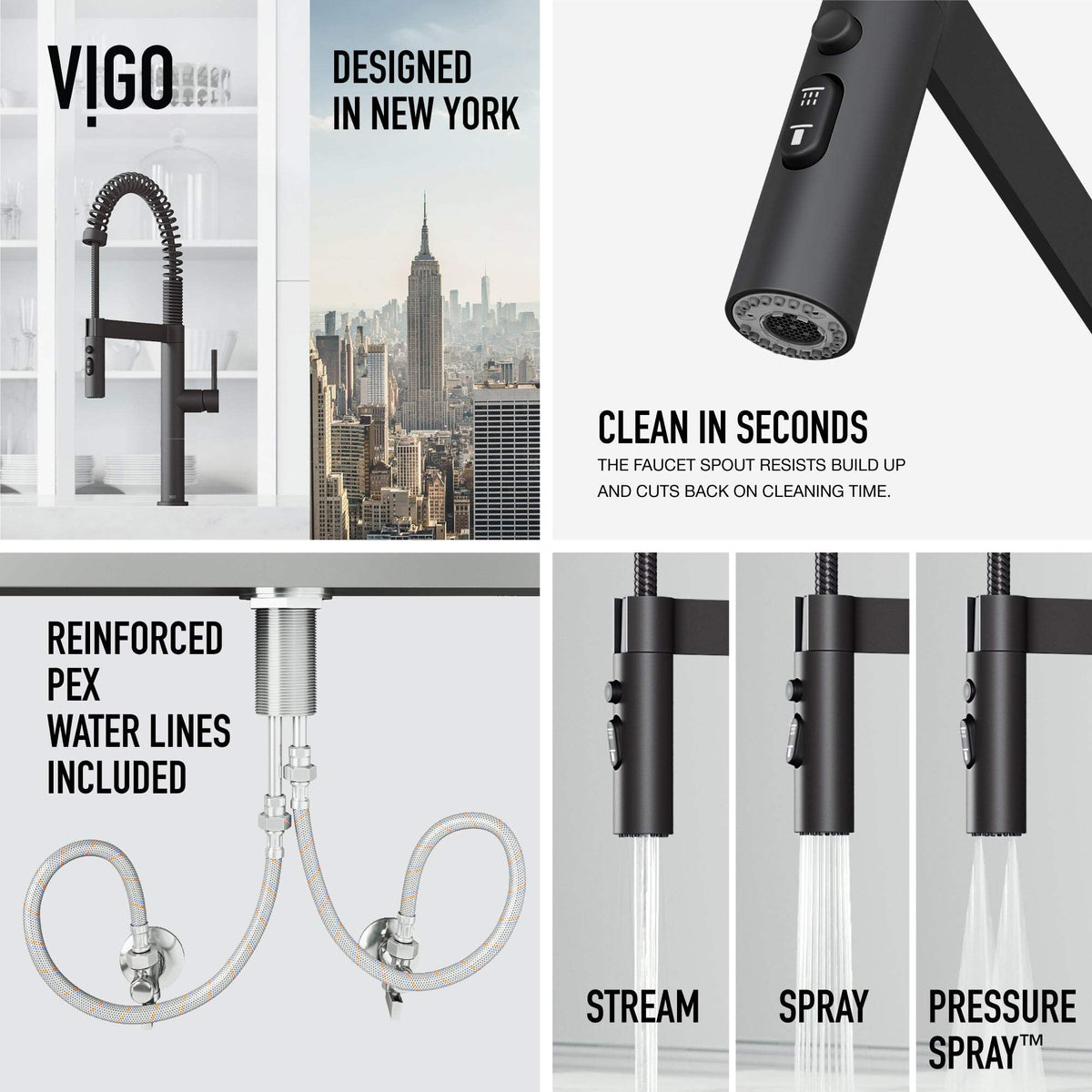 VIGO Edison Pro Pull-Down Spray Kitchen Faucet with stainless steel and matte black finish, high-arc spring neck, and triple-mode spray features for modern kitchen use