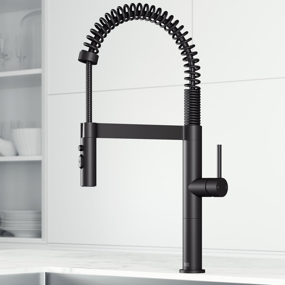 Matte black single handle pull-down kitchen faucet with high-arc gooseneck spout