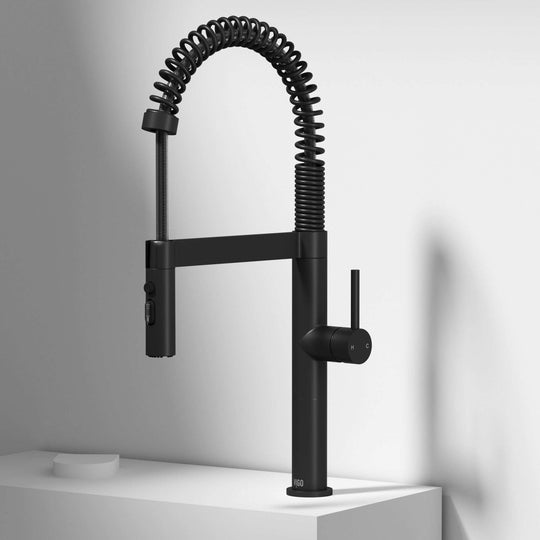 Edison Pro Pull-Down Spray Kitchen Faucet in stainless steel with matte black accents and high-arc spring neck