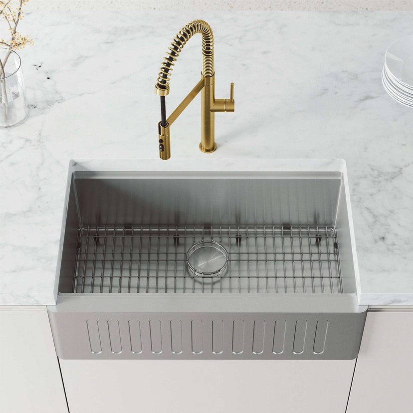 Edison Pro Pull-Down Spray Kitchen Faucet in stainless steel with matte black accents and high-arc spring neck