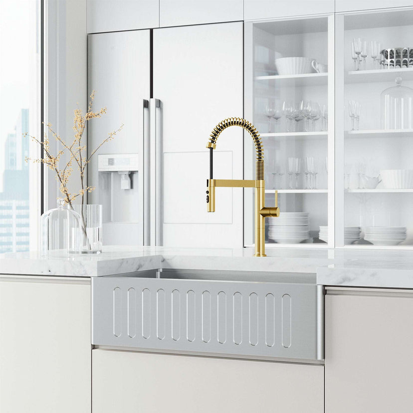 Edison Pro Pull-Down Spray Kitchen Faucet in stainless steel with matte black accents and high-arc spring neck