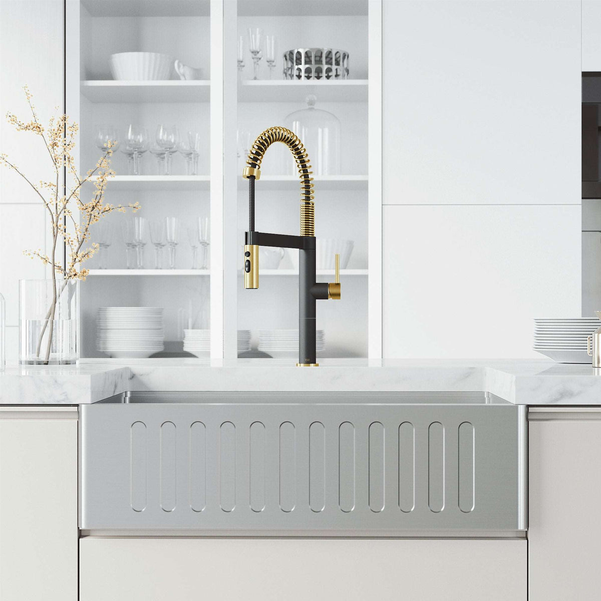 Edison Pro Pull-Down Spray Kitchen Faucet in stainless steel with matte black accents and high-arc spring neck