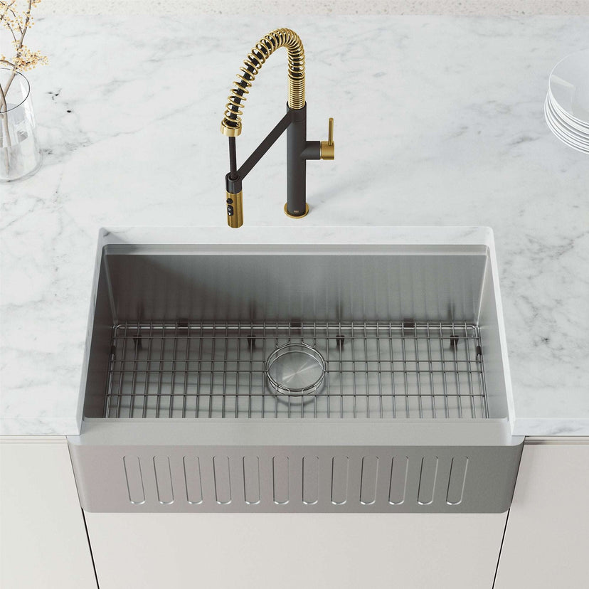 Edison Pro Pull-Down Spray Kitchen Faucet in stainless steel with matte black accents, high-arc spring neck, and triple-mode spray features.