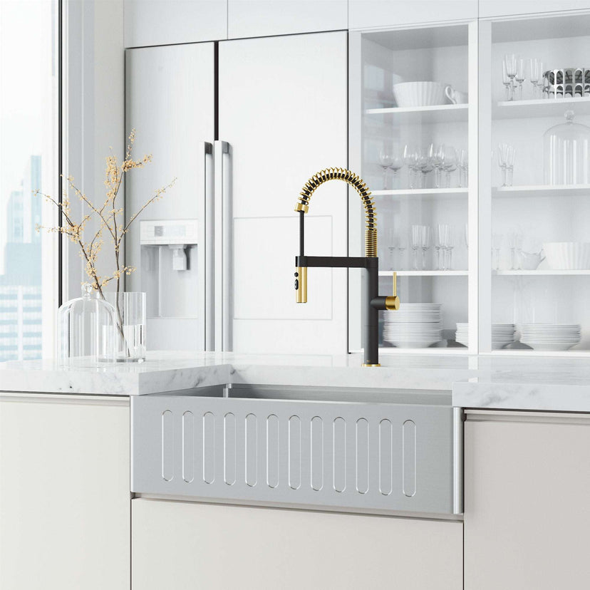 Edison Pro Pull-Down Spray Kitchen Faucet stainless steel with matte black accents and high-arc spring neck