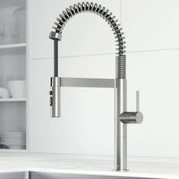 Edison Pro Pull-Down Spray Kitchen Faucet in stainless steel and matte black with high-arc spring neck and triple-mode spray