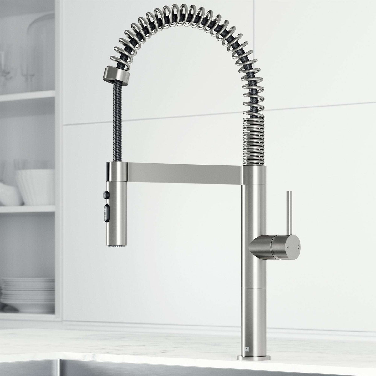 Edison Pro Pull-Down Spray Kitchen Faucet in stainless steel and matte black with high-arc spring neck and triple-mode spray