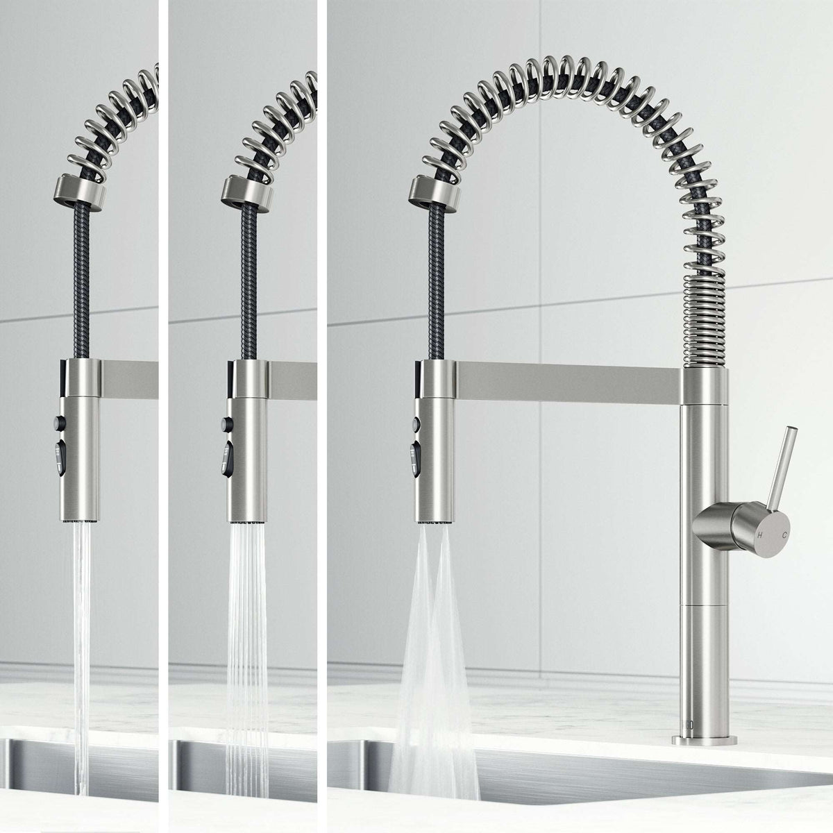 Edison Pro Pull-Down Spray Kitchen Faucet with stainless steel and matte black finish, high-arc spring neck, and triple-mode spray