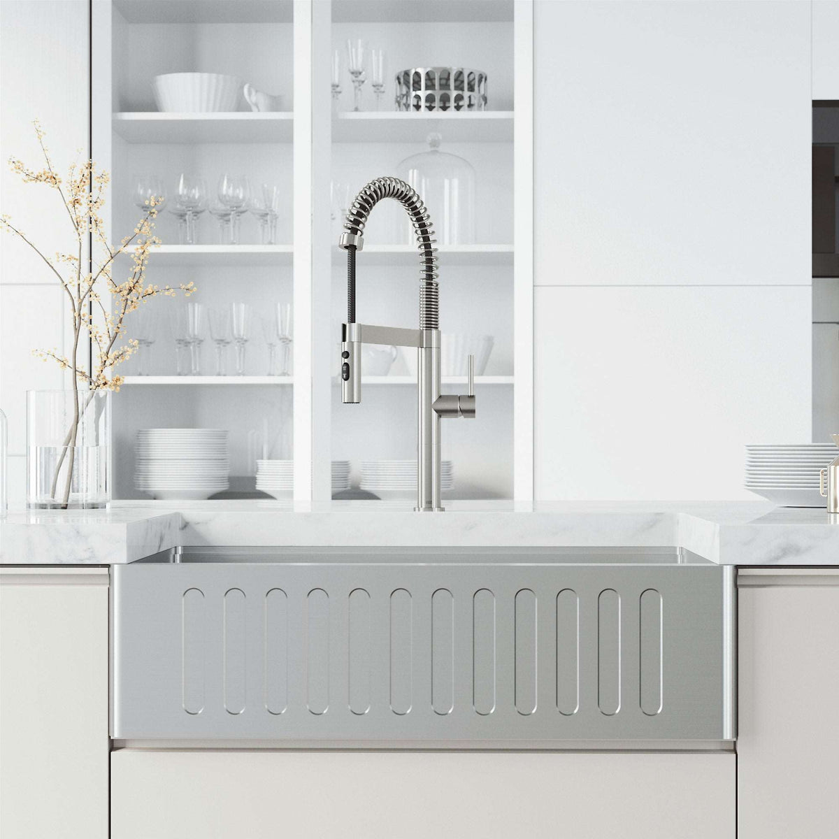 Edison Pro Pull-Down Spray Kitchen Faucet in stainless steel with matte black accents and high-arc spring neck