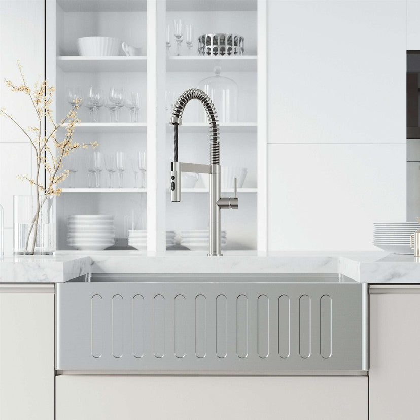 Edison Pro Pull-Down Spray Kitchen Faucet in stainless steel with matte black accents and high-arc spring neck