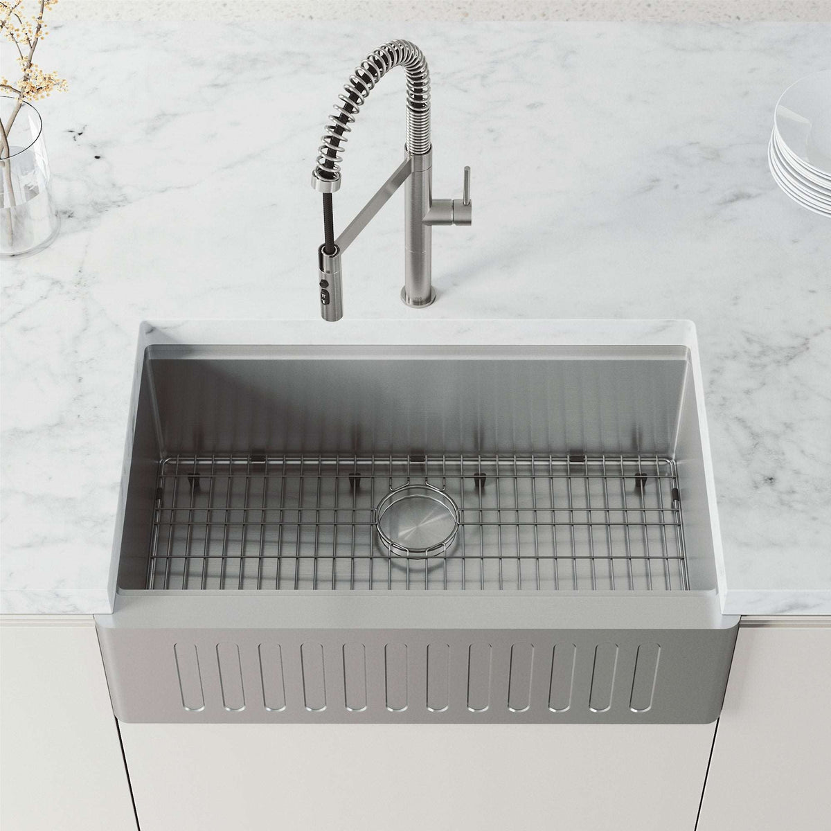Edison Pro Pull-Down Spray Kitchen Faucet in stainless steel with matte black accents and high-arc spring neck