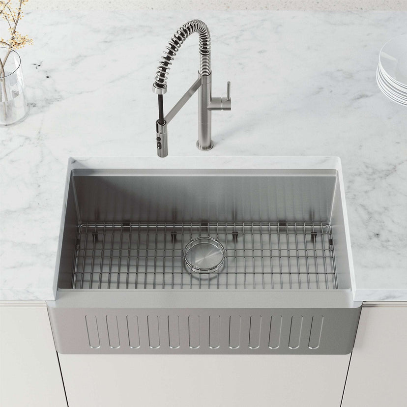 Edison Pro Pull-Down Spray Kitchen Faucet in stainless steel with matte black accents and high-arc spring neck