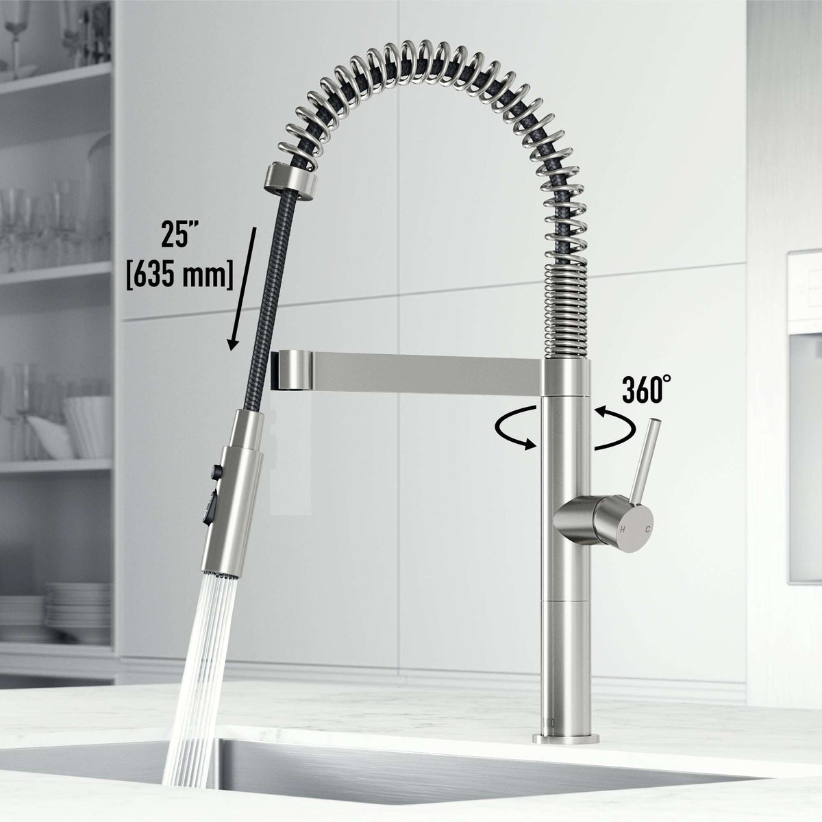 Edison Pro Pull-Down Spray Kitchen Faucet in stainless steel with matte black accents and high-arc spring neck