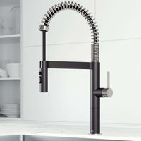 Edison Pro Pull-Down Spray Kitchen Faucet with stainless steel and matte black finish, high-arc spring neck, and triple-mode spray for versatile kitchen use