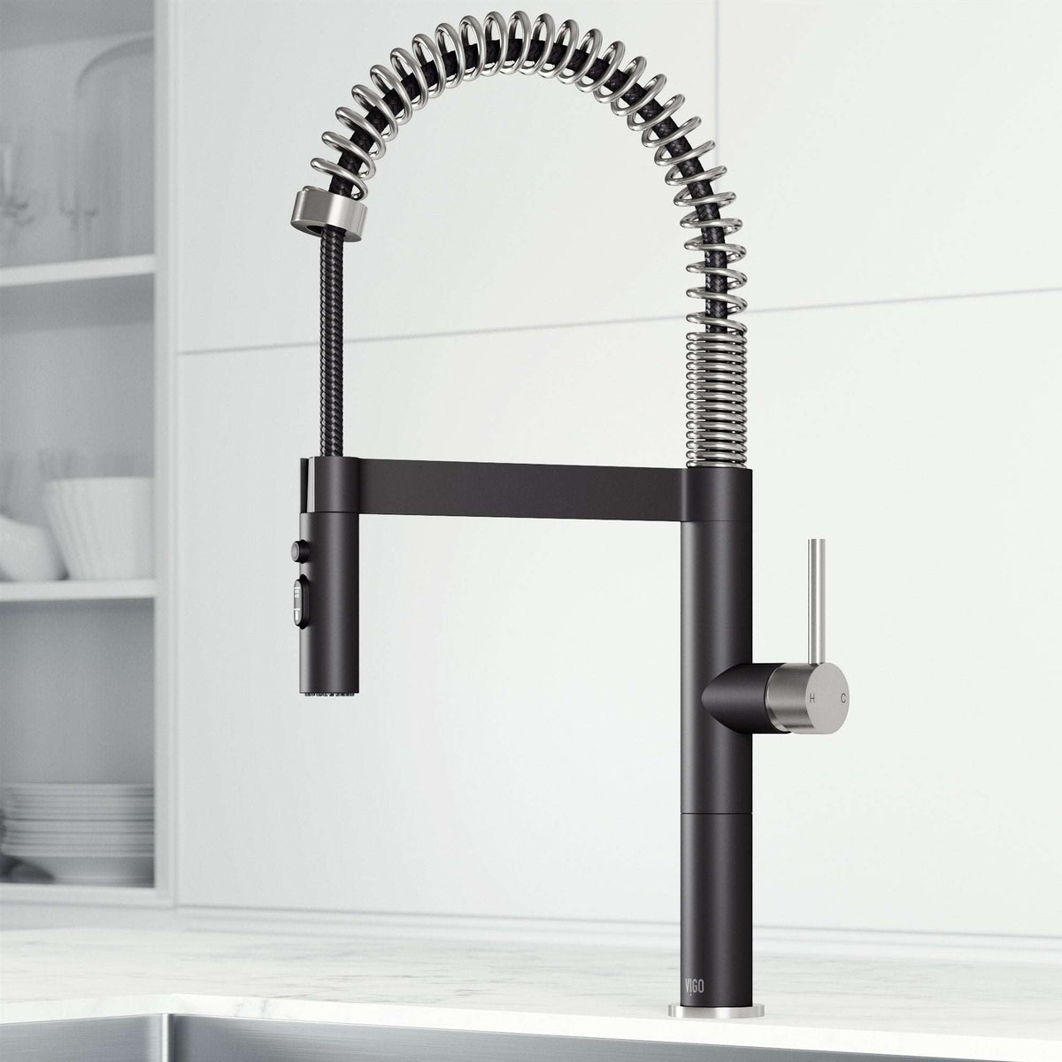 Edison Pro Pull-Down Spray Kitchen Faucet with stainless steel and matte black finish, high-arc spring neck, and triple-mode spray for versatile kitchen use