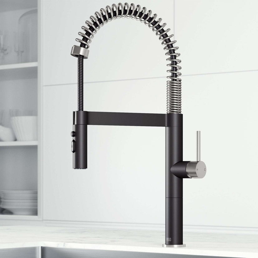 Edison Pro Pull-Down Spray Kitchen Faucet with stainless steel and matte black finish, high-arc spring neck, and triple-mode spray for versatile kitchen use