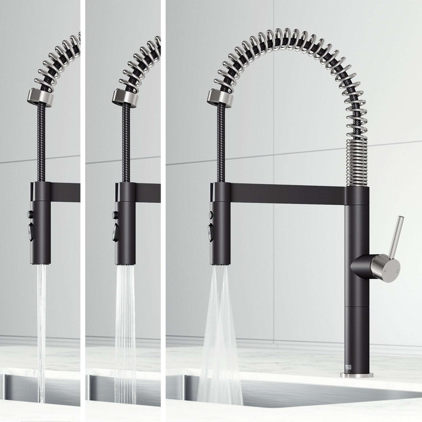 Edison Pro Pull-Down Spray Kitchen Faucet with stainless steel and matte black finish, high-arc spring neck, and triple-mode spray features.