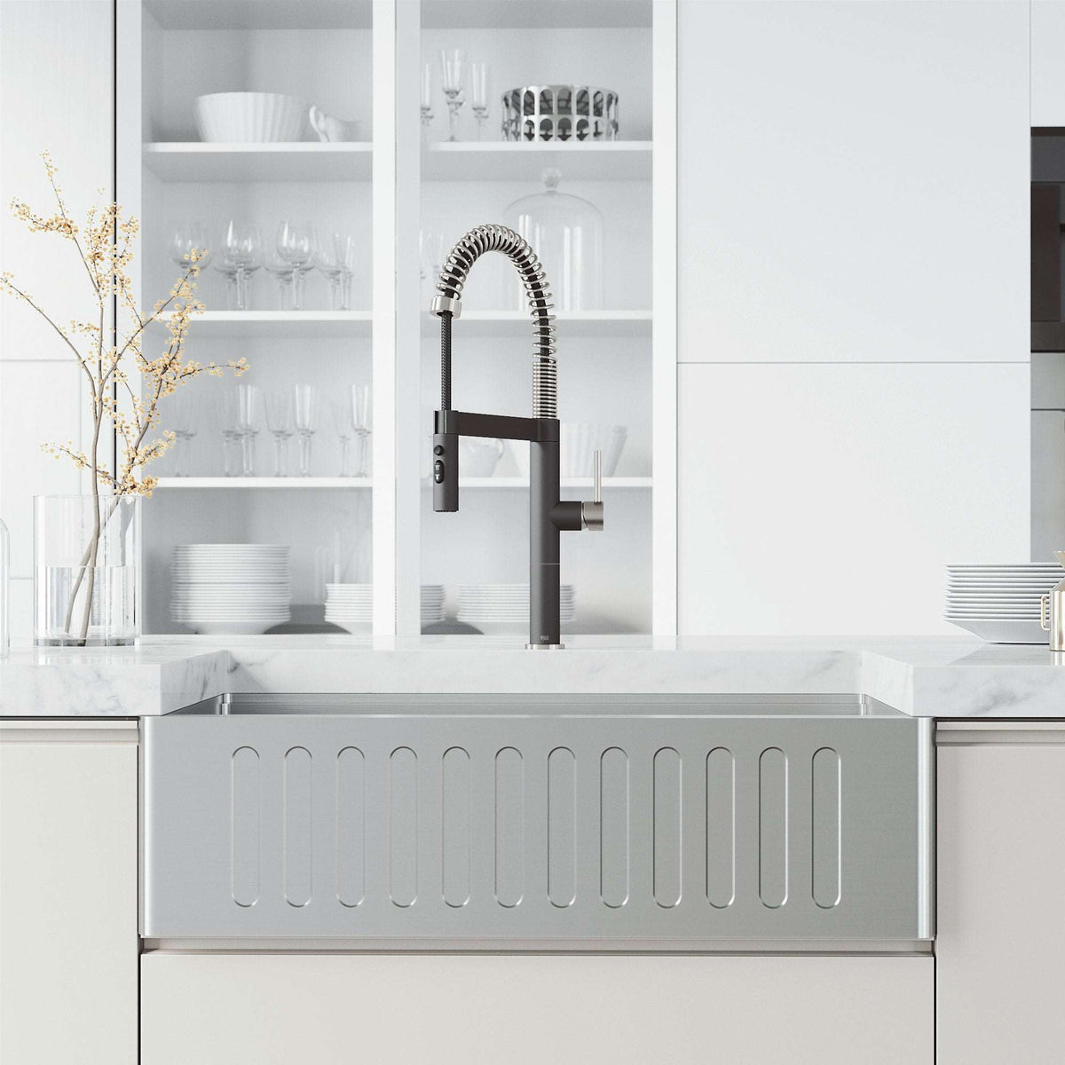 Edison Pro Pull-Down Spray Kitchen Faucet in stainless steel with matte black accents and flexible high-arc spring neck.