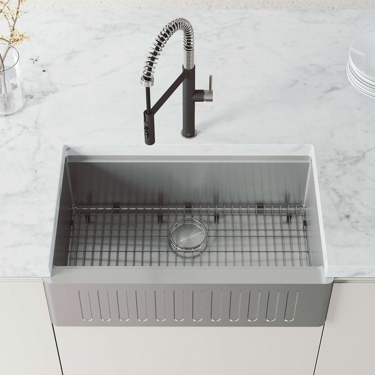 Edison Pro Pull-Down Spray Kitchen Faucet in stainless steel with matte black accents and high-arc spring neck