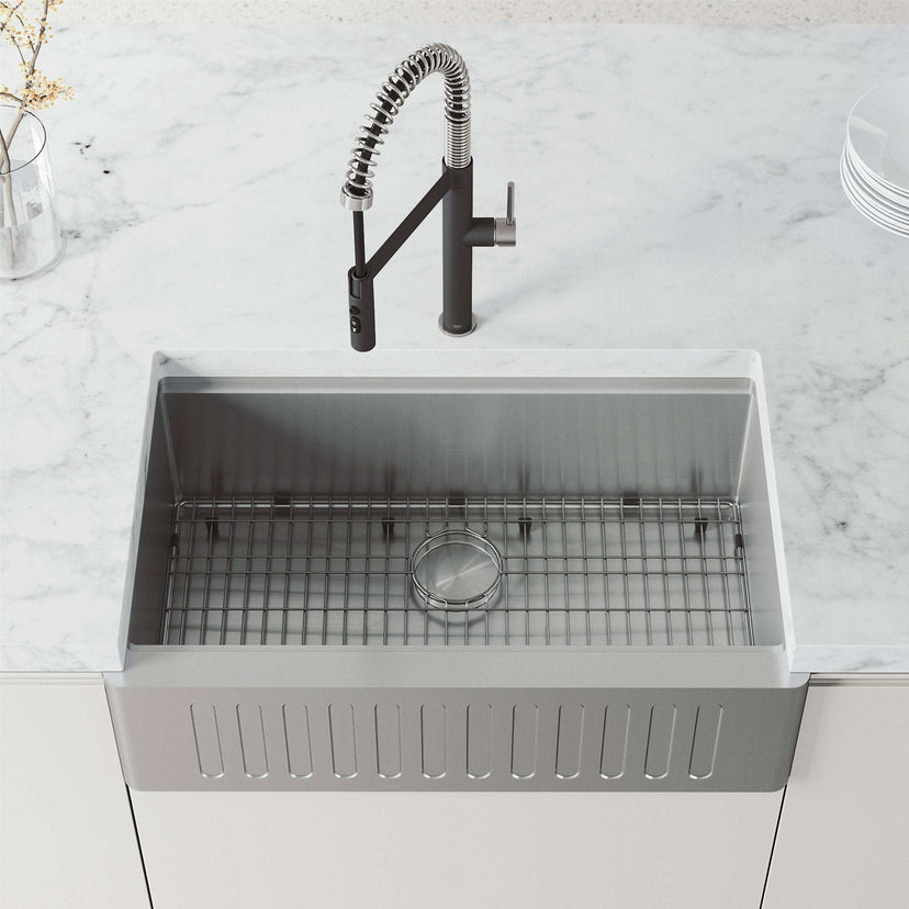 Edison Pro Pull-Down Spray Kitchen Faucet in stainless steel with matte black accents and high-arc spring neck