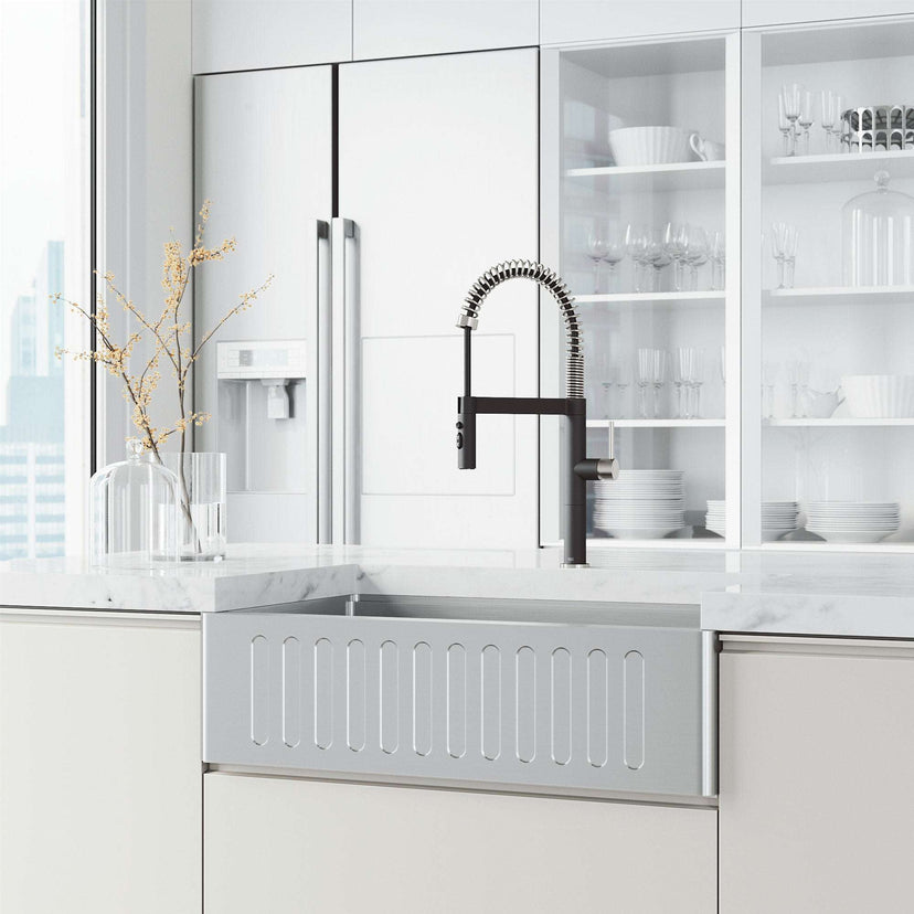 Edison Pro Pull-Down Spray Kitchen Faucet in stainless steel with matte black accents and high-arc spring neck