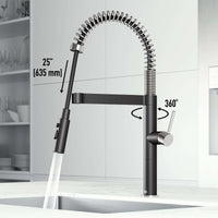 Edison Pro Pull-Down Spray Kitchen Faucet in stainless steel with matte black accents and high-arc spring neck