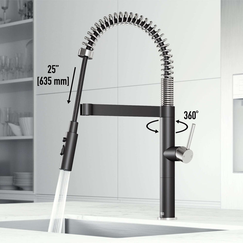 Edison Pro Pull-Down Spray Kitchen Faucet in stainless steel with matte black accents and high-arc spring neck