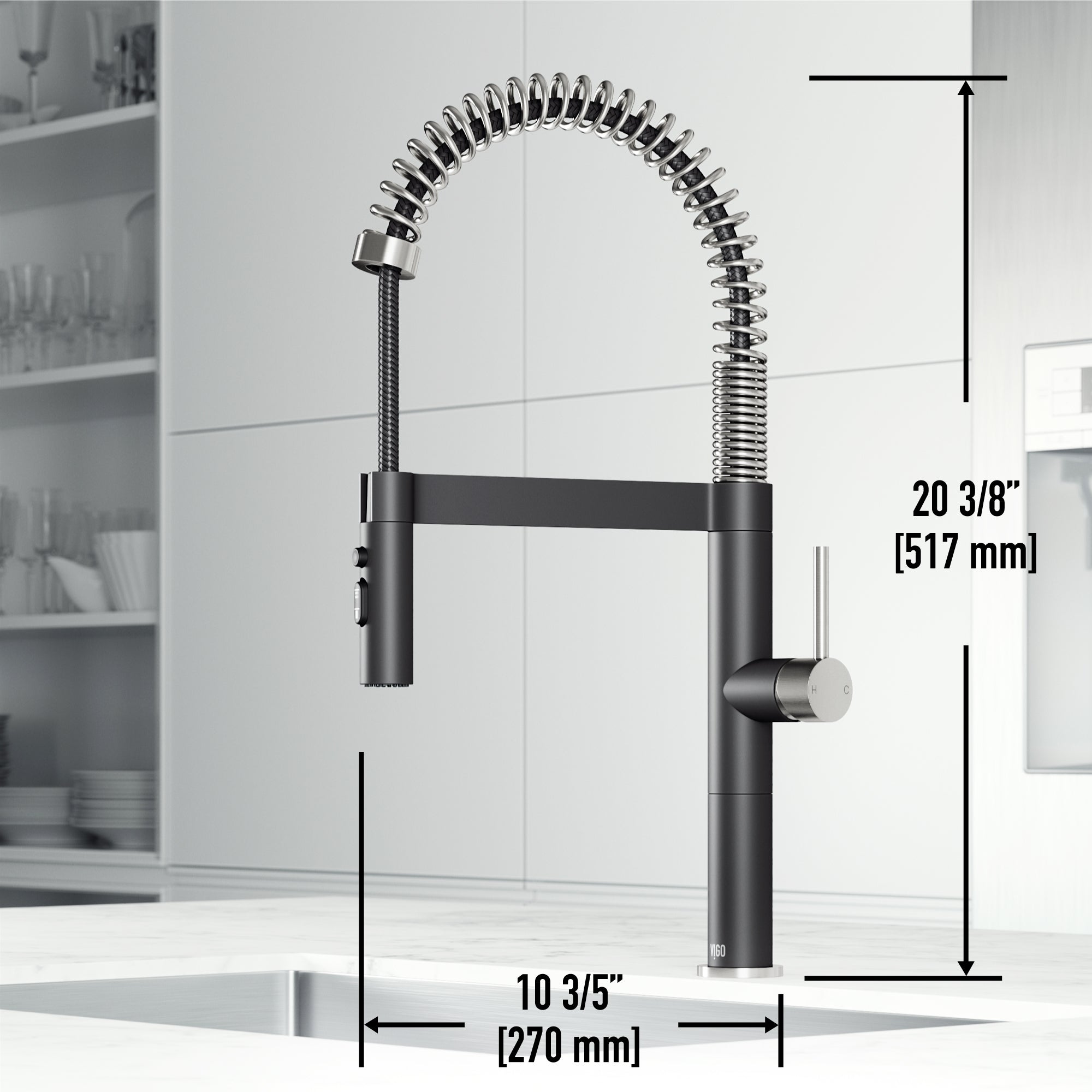 Steel and black kitchen faucet with spot-resistant finish and secure docking station