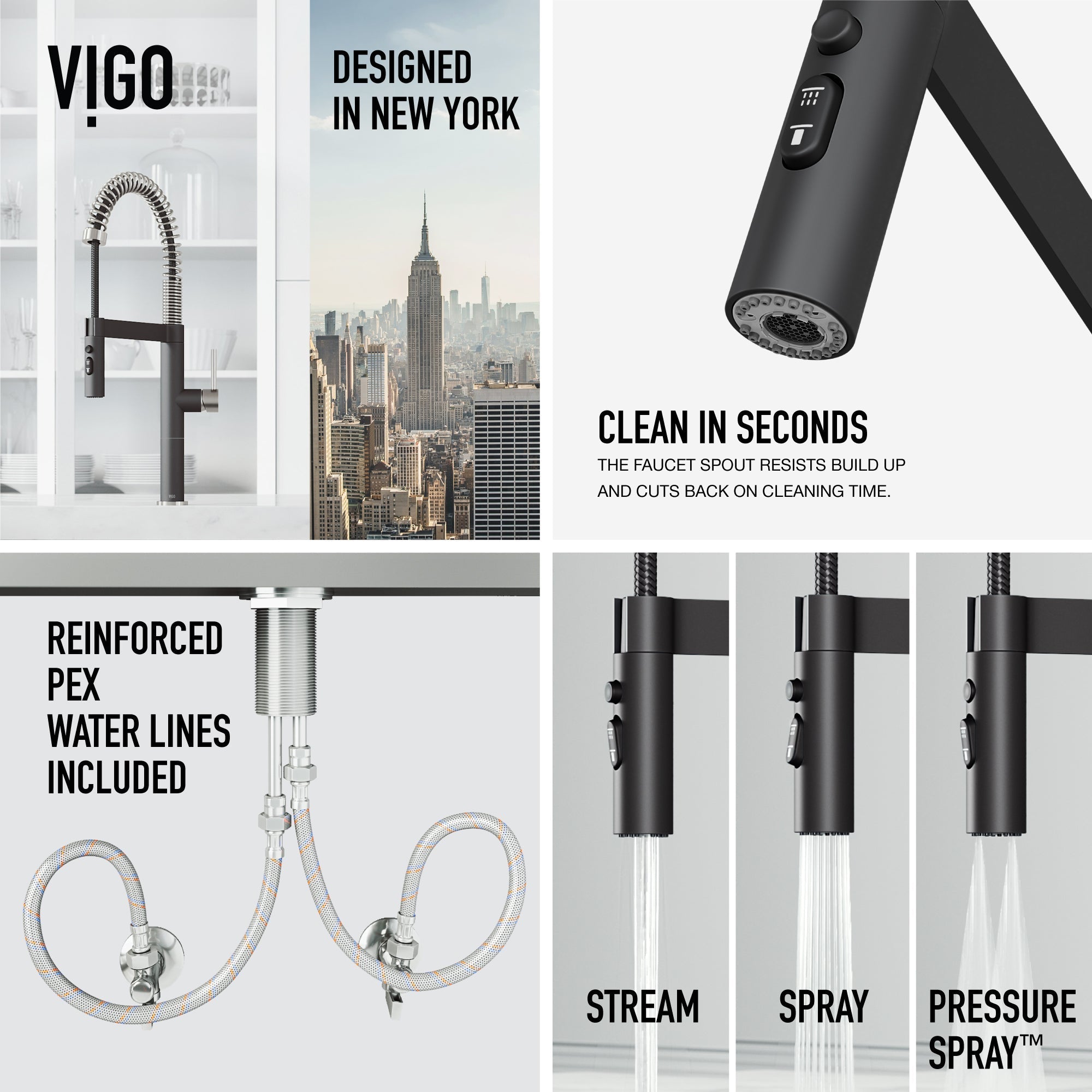 Deck mount kitchen faucet with included supply lines and mounting hardware in steel and black