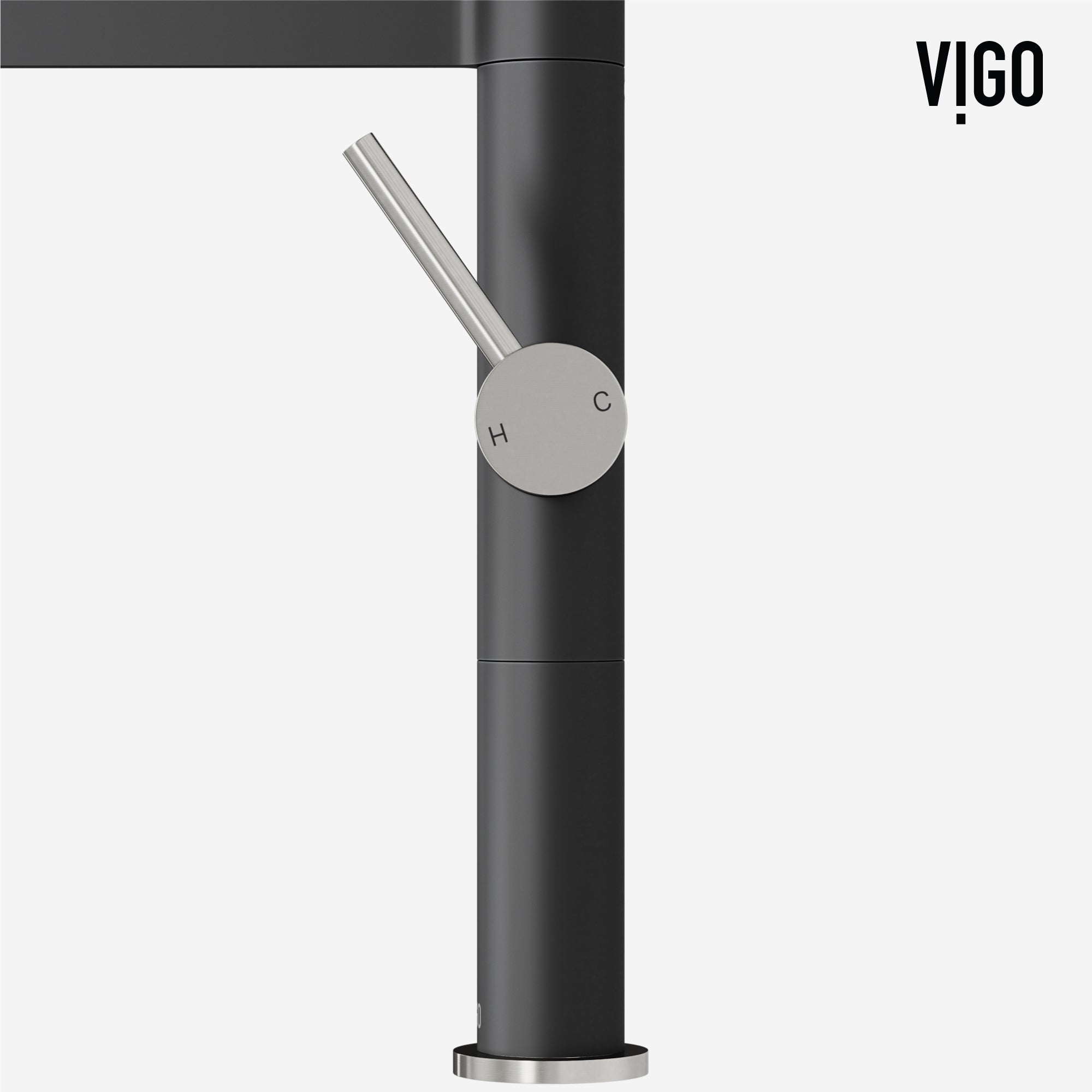 Steel and black brass kitchen faucet with 360-degree spout swivel and pre-rinse function